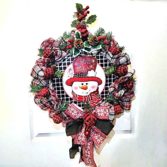 Winter Frosty Snowman Wreath Farmhouse Cabin Cottage Deco Mesh Bow Pinecones - Picture 7 of 7